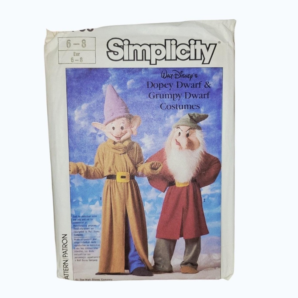 Vintage Simplicity 7736 Disney Dopey Grumpy Dwarf Costume Pattern Child 6-8